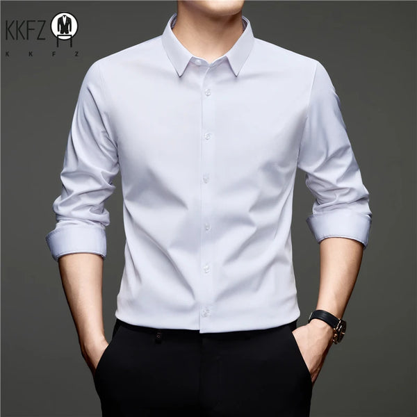 Mens Lightweight Button Up Dress Shirt Lapel Collar Long Sleeve Glossy Texture Top For Daily Business Occasions