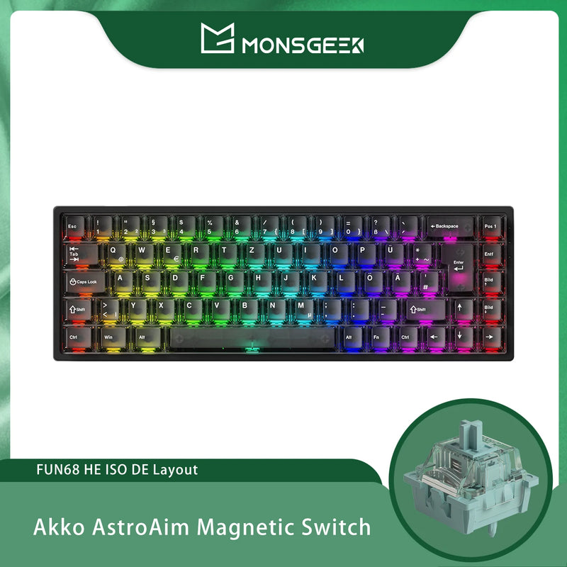 Akko MonsGeek FUN68 HE ISO Magnetic Keyboard 65% DE Layout Black Transparent Keycaps RT0.005mm 8K Polling Rate Gaming Keyboard
