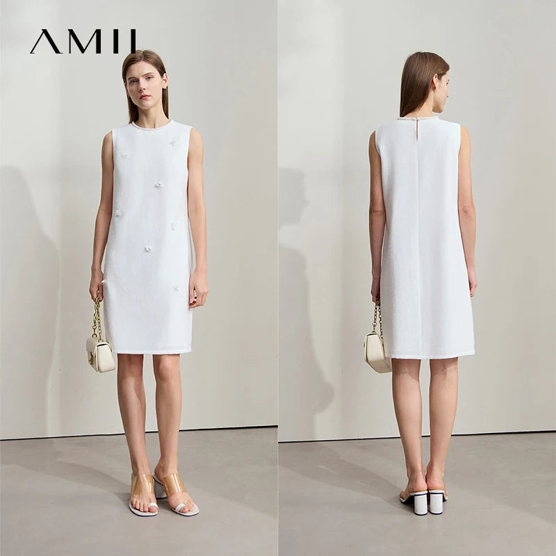 រ៉ូប Amii Minimalist Elegant Summer 2026 រ៉ូបថ្មីសម្រាប់នារី Office Lady ដៃខ្លី O Neck រាងដូចអង្កាំ ម៉ូដសាមញ្ញ 12522055