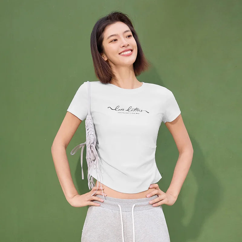 Semir Womens Tshirt 2026 Short Style Slim Printed Regular Shoulder Ruched Waist Slim Fit Casual Soft Daily Wear