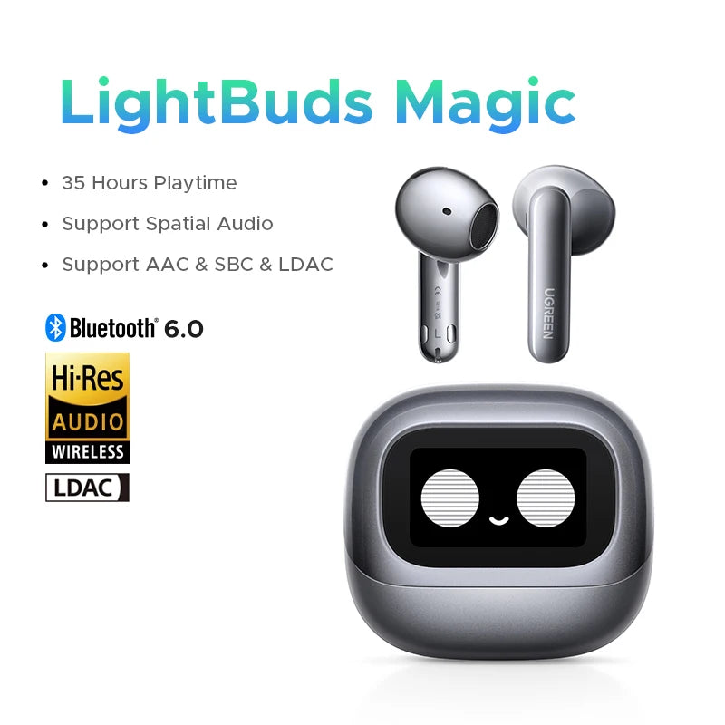 UGREEN Lightbuds Semi-open Adaptive Active Noise Cancellation ANC Wireless Bluetooth Earphones With LCD Full Color Smart Screen