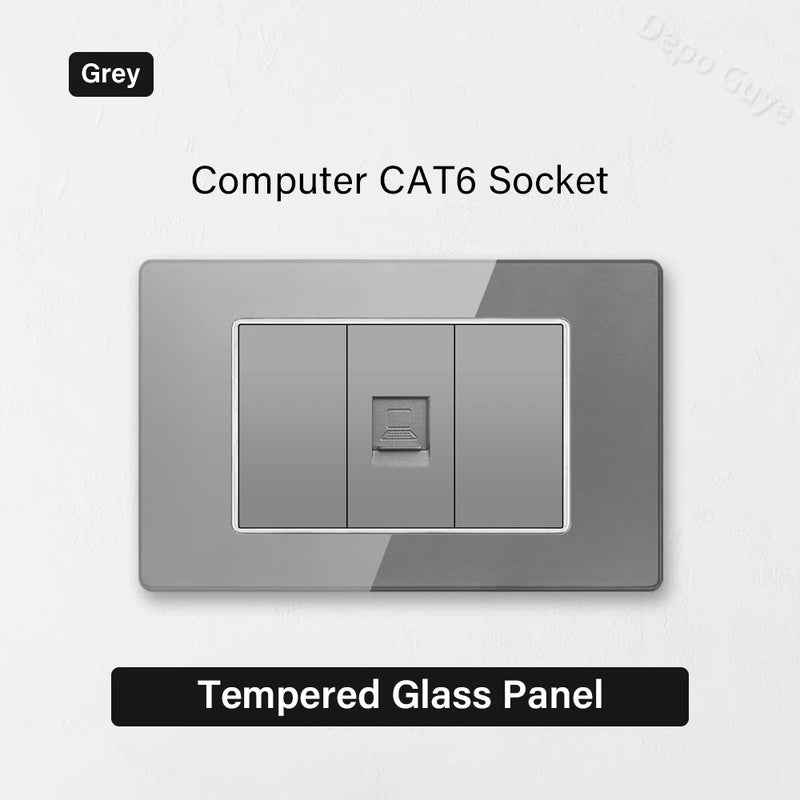 Type 118 Grey Tempered Glass Panel EU Wall Light Switch,Europe Wall Socket With USB Type-c 18W Quick Charge Outlet 118*75mm