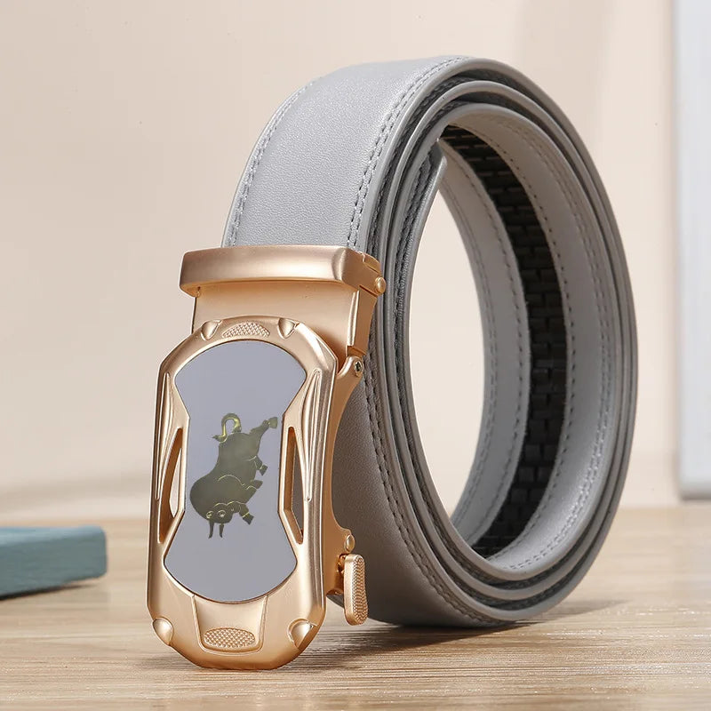 2026 New Width 3.0 Cm Gray Belt Women's Fashion Casual Automatic Buckle Belts Men Cow Head Pattern Cinturon Female Waistband