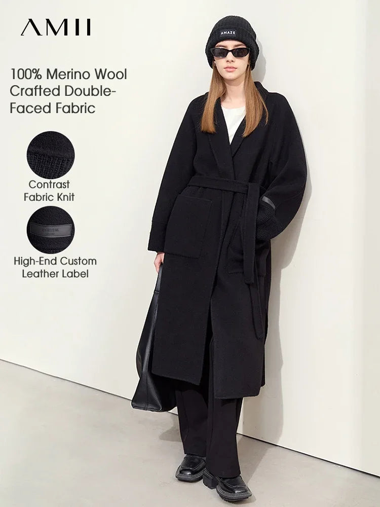 Amii Minimalist Woolen Coat Woman Splicing V-neck with Belt Commuter 2026 Winter New All-wool Double-sided Woolen Coat 12424010