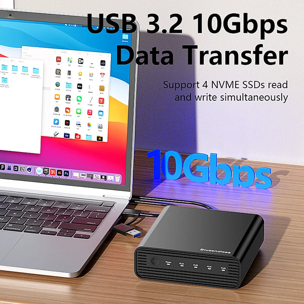 ប្រអប់ ដាក់ SSD ខាងក្រៅ ប្រភេទ PCIe NVME អាលុយមីញ៉ូម M2 4-Bay ប្រភេទ USB C 3.2 Gen2 10Gbps ទៅ Nvme Adapter ប្រភេទ SSD ជាមួយ កង្ហារ ត្រជាក់