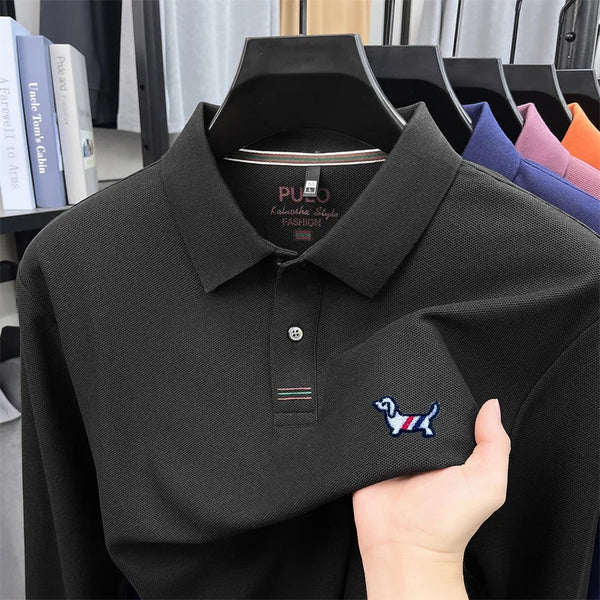 100% Cotton Men Long-Sleeve Polo Shirt Lapel Button Dog Embroidery Breathable Comfortable Autumn Winter Business Casual Menswear