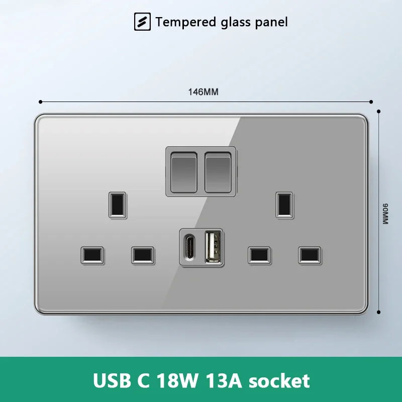 UK 13A Wall Socket with Type-C 18W Fast Charging Plug Socket,Glass Panel Power Double Universal Outlet with Quick USB C charge