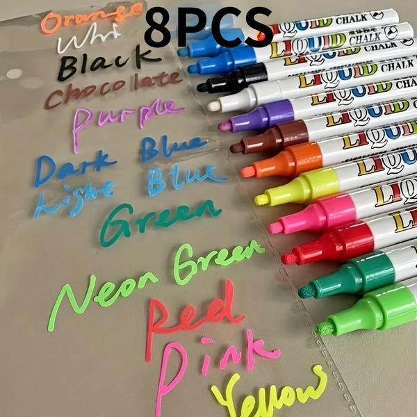 8PCS Neon Color Liquid Chalk Makers for Blackboard, Chalkboard Signs, Glass Window, Erasable Window Markers for Cars, Colored Pe