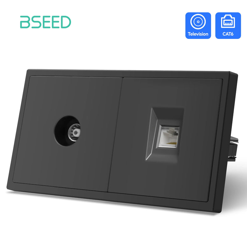BSEED EU Standrad Wall Power Socket TV Plug RJ45 Internet Socket Satellite Outlet Glass Panel TV Telephone Computer