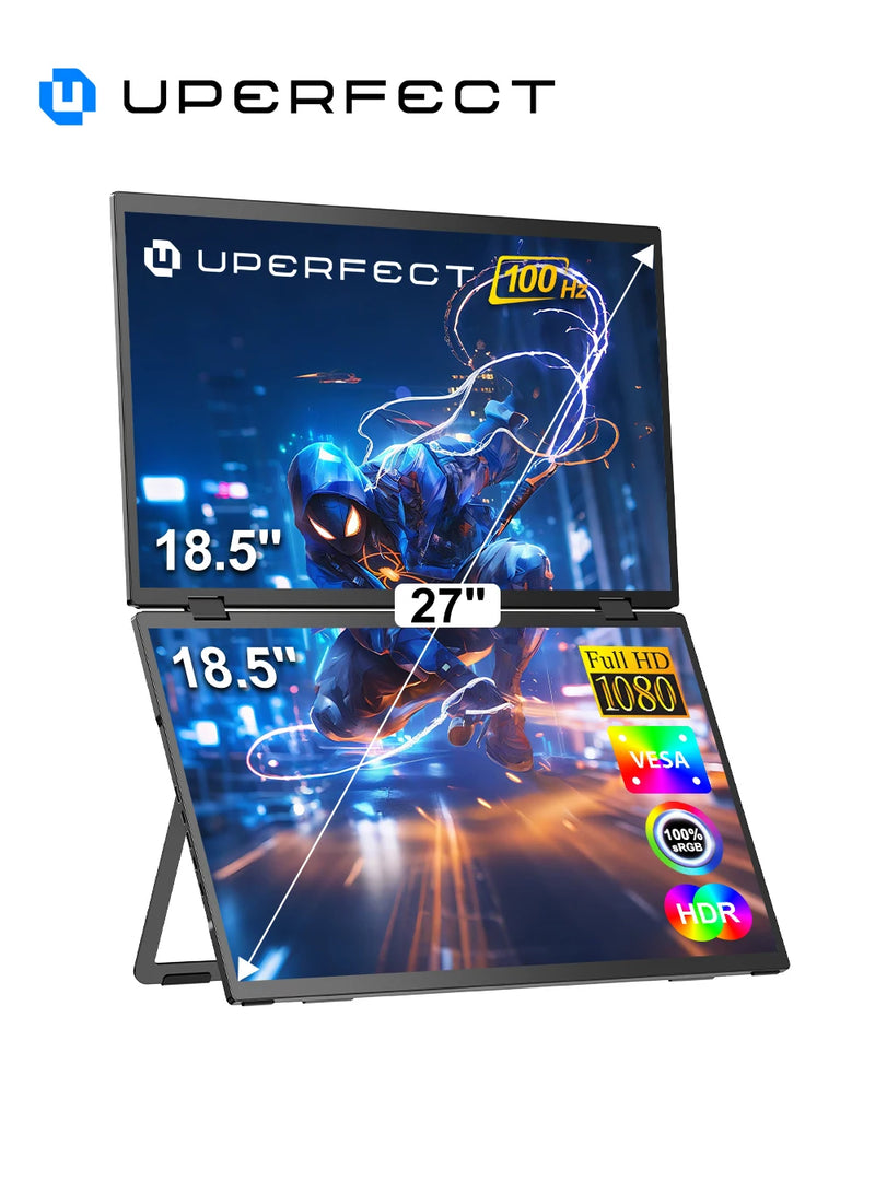 ម៉ូនីទ័រចល័ត UPERFECT ទំហំ 18.5 អ៊ីញ អេក្រង់ពីរ 100Hz 100% sRGB 1080P HDR បត់បាន ដំណោះស្រាយងាយស្រួលប្រើសម្រាប់កុំព្យូទ័រ ទូរស័ព្ទដៃ ហ្គេម កុងសូល