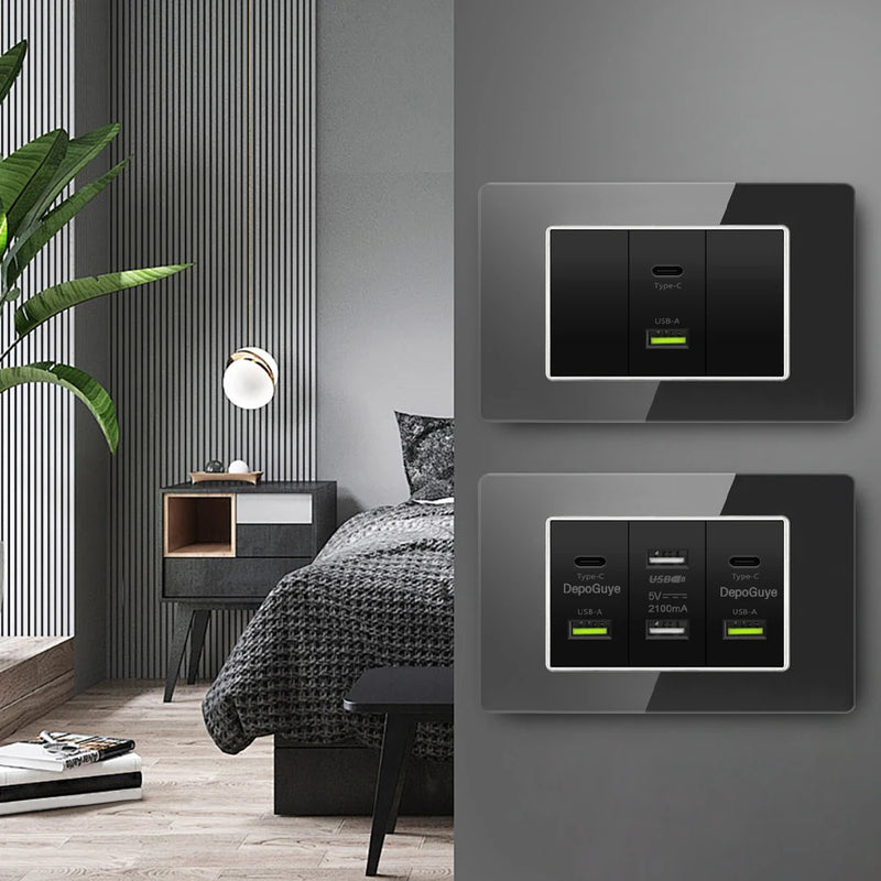 Type 118 White Black Grey Tempered Glass Wall Socket Panel 6 Charging port Triple USB Type C Wall Plug 3.1A 5V Outlet 118*75mm