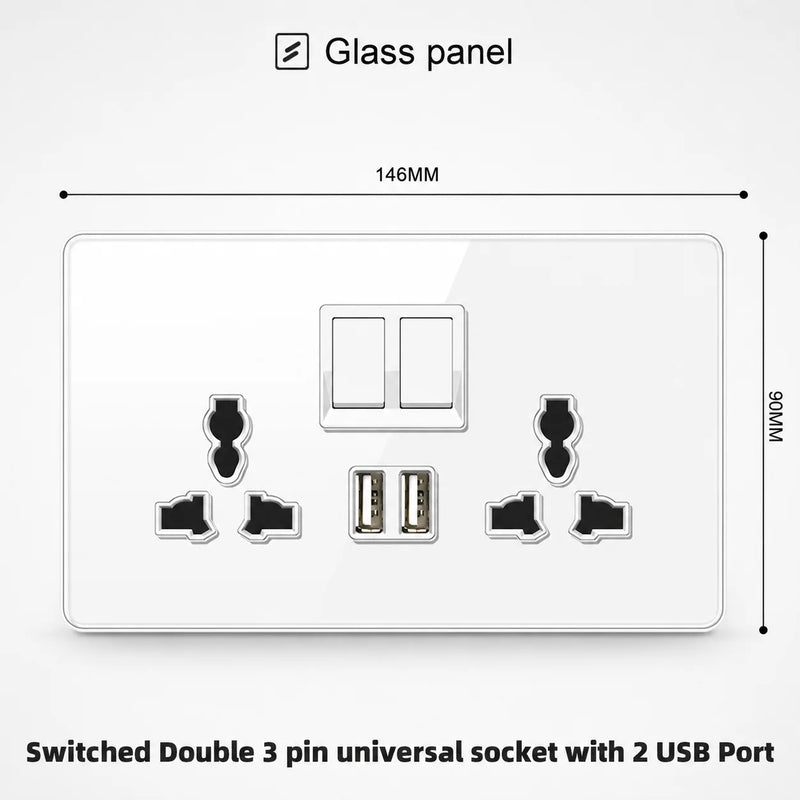 White Tempered Glass 2Way Wall Light Switch, UK Wall 18W Type-C Fast Charging USB Socket, Universal Electrical Outlet Plug 220V