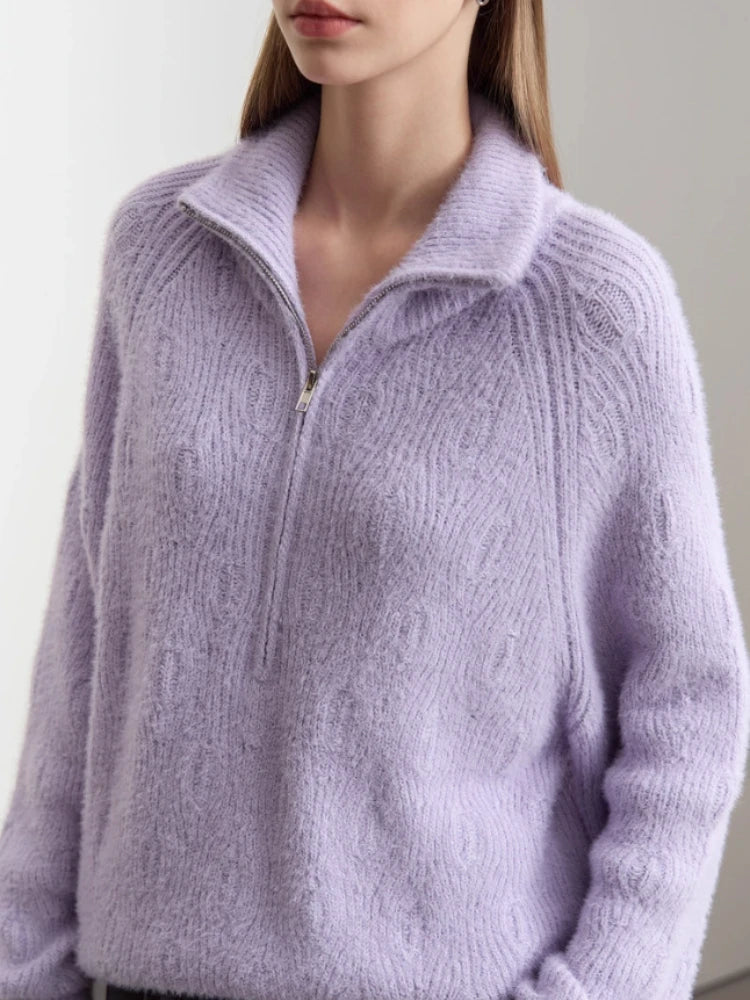 អាវយឺត Amii Turtleneck មានខ្សែរ៉ូត ពាក់កណ្ដាលបើក ធ្វើពីរោមចៀមសិប្បនិម្មិត ម្ជុល អាវក្រៅ 2025 រដូវរងា សម្រាប់នារី ដៃអាវរលុង 12444266