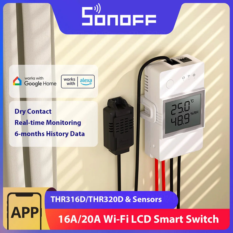 SONOFF THR316D/THR320D Temperature Humidity Smart Switch 16A/20A Dry Contact Output LCD Screen Monitoring via eWeLink Alexa