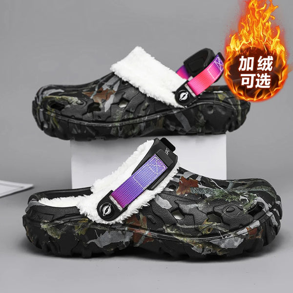 Winter Camo Fleece Lined Clogs Wide Toe Box Lightweight EVA Garden Shoes Adjustable Strap Non-slip Indoor Outdoor Slippers