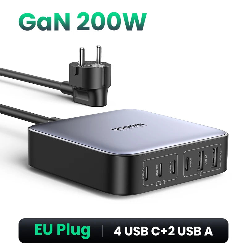 UGREEN 200W GaN Charger Desktop Laptop Fast Charger 6 in 1 Adapter For iPhone 17 16 Pro Xiaomi Samsung Tablets Macbook Charger