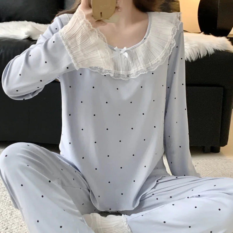 Pajama Nightwear for Woman Home Wear New Spring Autumn Sleepwear Ladies Casual Long-Sleeved Trousers Loungewear Suit Homewear