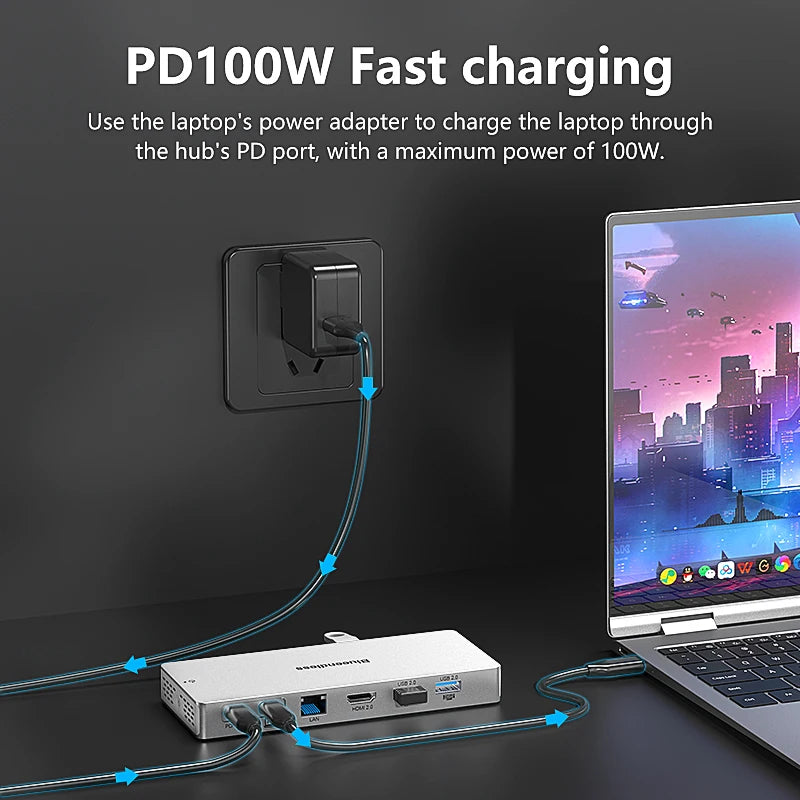 ស្ថានីយ៍ចត Blueendless 14 ក្នុង 1 ប្រភេទ C Hub 4K 60Hz HDTV Lan RJ45 អាដាប់ទ័រ 10Gbps USB 3.2 Hub SD/TF Reader 3.5mm Audio PD100W