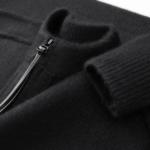 Men's High Neck Thick Knit Sweater, Zipper Detail Fleece Jacket, Winter Warm Soft Pullover, Casual Streetwear Top, Gray Black