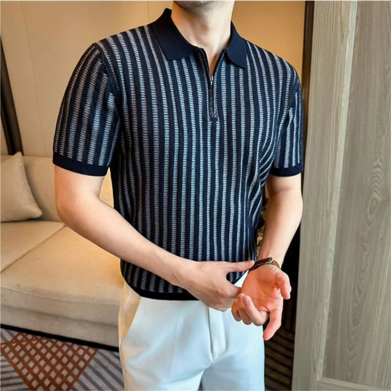 Lyocell Linen Polo Shirt Striped Half Zipper Knitted Short-Sleeved T-shirt T Men's Knitted Short Sleeve Breathable Perspiration