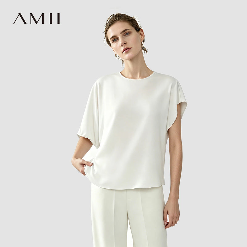 Amii Women's Blouse 2026 Summer New O-Neck Tie Detail ChiffonTop Asymmetric Dolman Sleeve Simple Office Loose Blouse 12642054