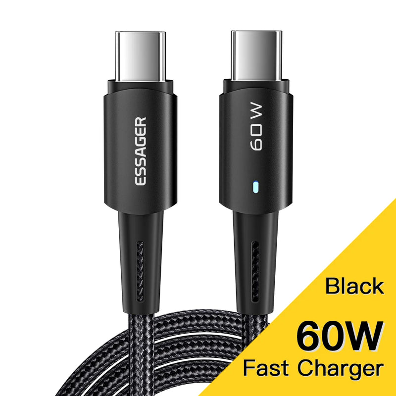 ខ្សែសាក Essager USB C 100W PD QC 4.0 3.0 USB Type C ខ្សែសាកលឿន Type C សម្រាប់ MacBook Pro Samsung Xiaomi ខ្សែសាក