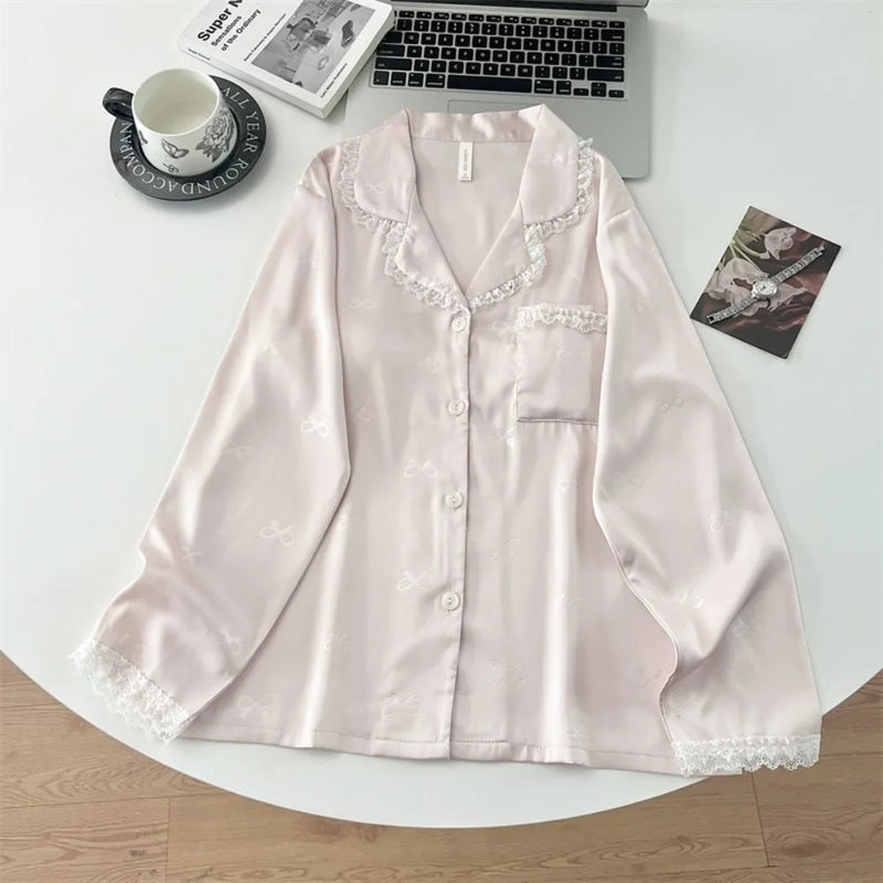 Chest Pad Pyjamas Women Pajamas Sleepwear 2 Piece Sets Spring Autumn Lapel Long Sleeve Ladies Loungewear Suit Print Homewear