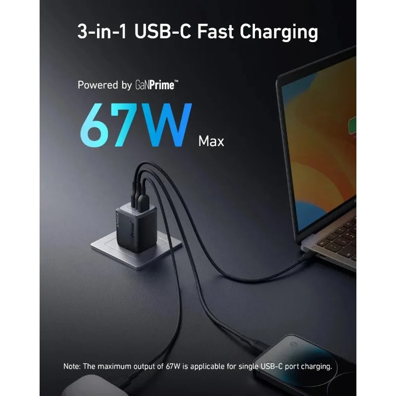 ឆ្នាំងសាក Anker Prime 67W GaN MultiPort USB-C PD Fast Charger ដុំសាកបត់បាន ទំហំតូច A2669 សម្រាប់ MacBook Laptop IPhone Samsung