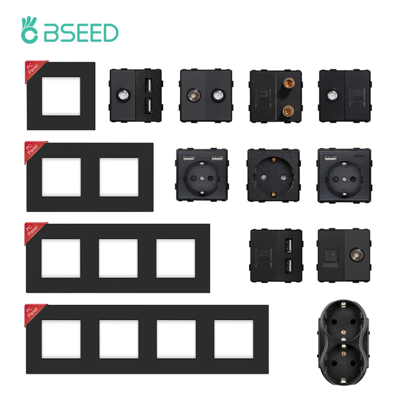 BSEED EU Wall Plastic Panel With Double Internet Socket CAT5 RJ45 ST TV USB Function Parts Power Socket DIY Free Combination