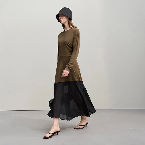 រ៉ូប Amii Womens រដូវស្លឹកឈើជ្រុះឆ្នាំ ២០២៦ រ៉ូបថ្មីឆើតឆាយ លំនាំប៉ាក់ អាវក្រណាត់ Chiffon រាងអក្សរ H រលុង សំពត់វែងធម្មតាសម្រាប់នារី 12621063