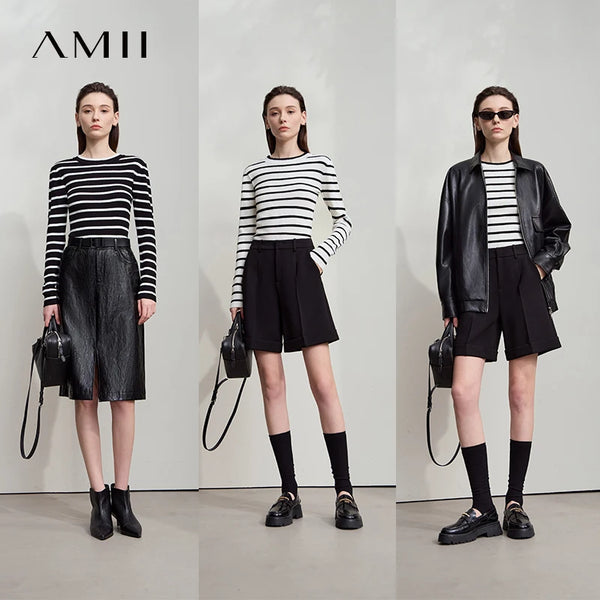 AMII Minimalism Women's Sweater 2026 Autumn New Office O-Neck Pullovers Knitt Sweaters Long Sleeves Women's Strip Tops 12523134