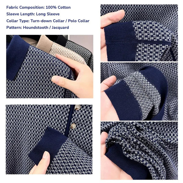 Men's 100% Cotton Long Sleeve Polo Shirt Classic Houndstooth Pattern Invisible Placket Casual Top