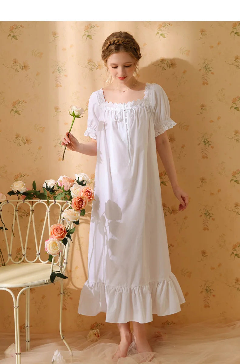 Princess Women Sleepwear One Piece Dress Summer Short Sleeve Pure Cotton Pajamas Dress Night Wear For Ladies Women's Nightgown