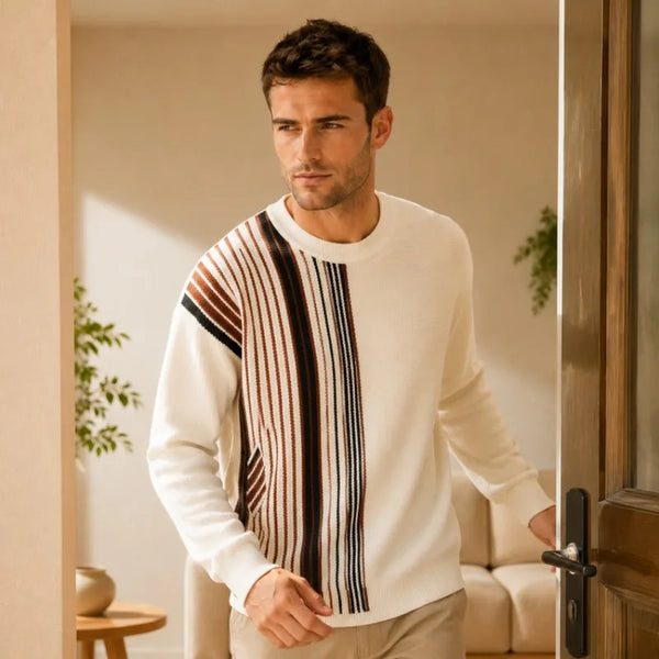 Men's Color Block Striped Sweater Crew Neck Loose Fit Knitted Pullover with Wool Autumn Winter Casual Streetwear
