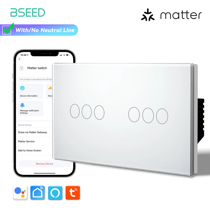 BSEED Matter Smart Touch Light Switch No Neutral Wire &Neutral Wire Work With Apple Home Tuya APP Google Assistant Voice Control