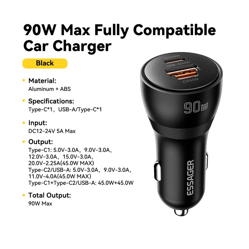 Essager 90W USB Type-C Car Charger PD QC SCP AFC PPS 45W Fast Charging Mini Car Phone Charger For iPhone18 17 Pro Samsung Xiaomi