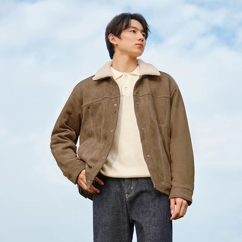 Semir Faux Suede Jacket Collar Fleece Lined Men 2025 Winter Vintage Style Workwear Loose Fit Warm Casual Outerwear Coat