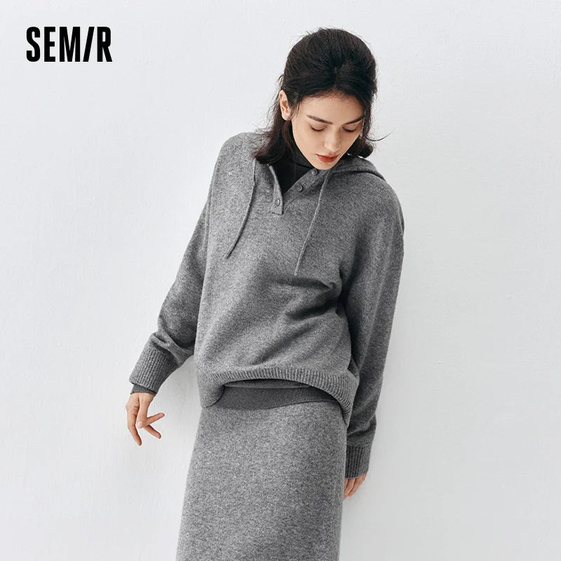 Semir Women Sweater Hooded Design Minimal Style Everyday Style Soft Touch 2026 Winter Layering Wear Warm Knit Clean Silhouette
