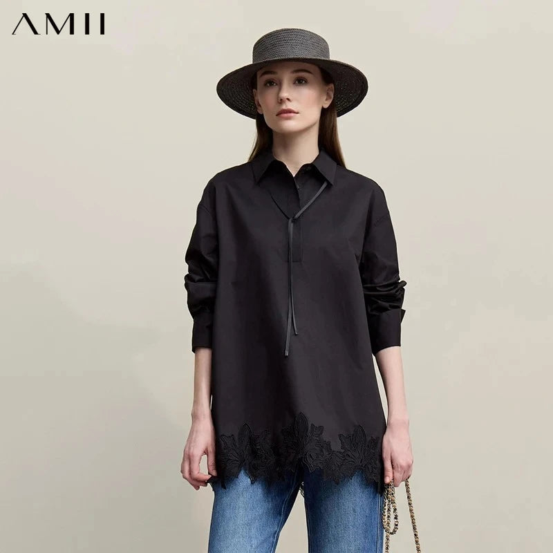 Amii Woman Autumn Shirt 2026 New Elegant Commuter Lapel Shirt Lace Patchwork Loose Cotton Casual Long Sleeve Top 12621011