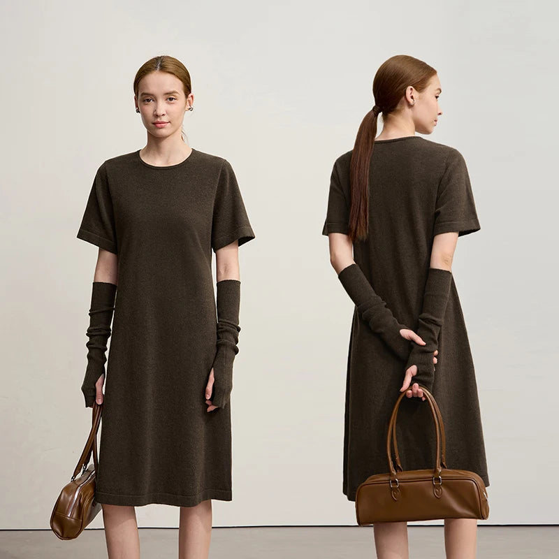 Amii Womens Dresses 2026 Winter New Minimalist Round Neck Loose Elastic Short Sleeves Knitted Wool Dresses For Woman 12544053