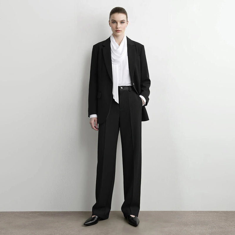 Amii Straight Leg Women Pants Faux Leather Spliced Commuting Autumn New 2026 Comfortable Smooth Drape Pants For Woman 12643011