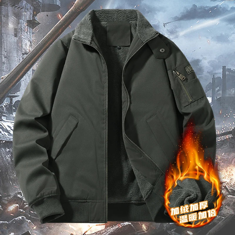 Men's Winter Fleece-Lined Bomber Jacket, Heavy Duty Cotton Military Style with Multiple Pockets, Ideal for Casual Daily Wear