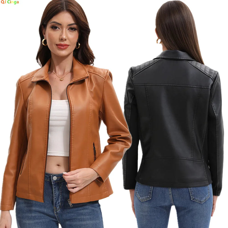 2026 Women’s Stylish Brown Faux Leather Jacket - Slim Fit, Trendy Moto Style with Zipper Detail PU Coat.