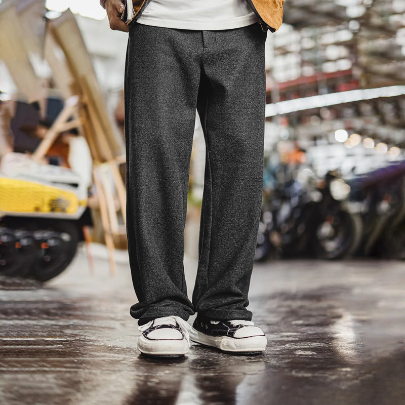 Maden Men's Grey Thickened Wool-Like Dress Pants Straight-Leg Casual Long Pants Warm Commuter Office Trousers for Autumn Winter