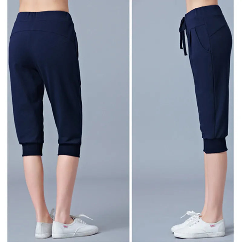 Women Blue High-waisted Stretch Cropped Pants, Summer Gray Lightweight Athletic Harem Pants, Black Drawstring Shorts, Asian Size