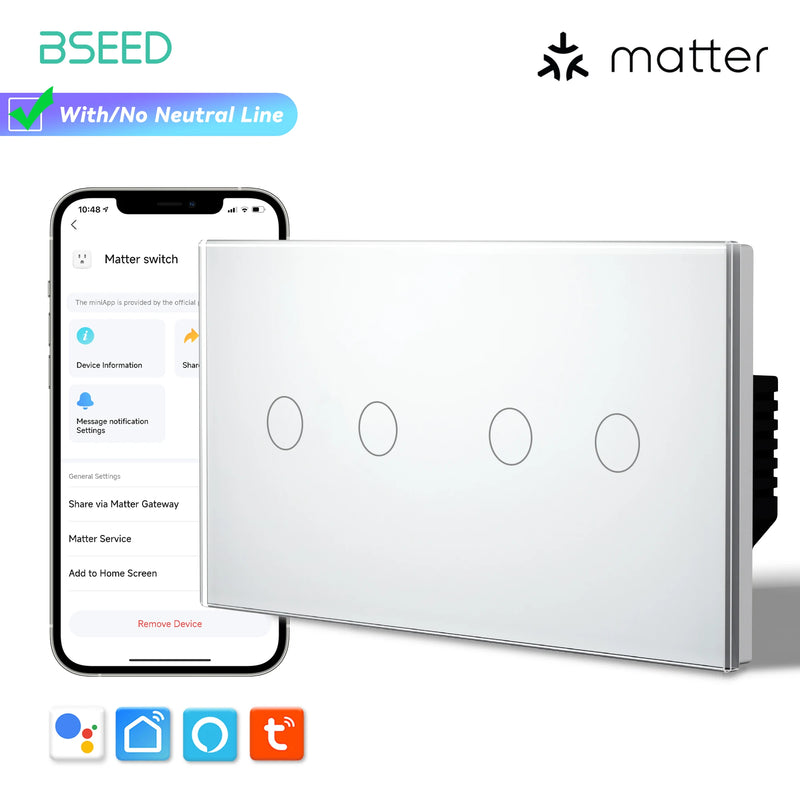 BSEED Matter Smart Touch Light Switch No Neutral Wire &Neutral Wire Work With Apple Home Tuya APP Google Assistant Voice Control