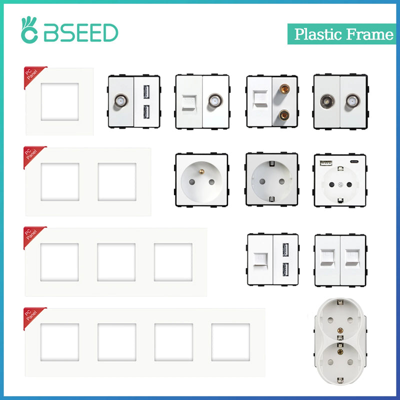 BSEED Wall Power Outlets Plastic Panel Parts White USB CAT5 Internet TV ST Function With Wall Socket EU Standard DIY Combination