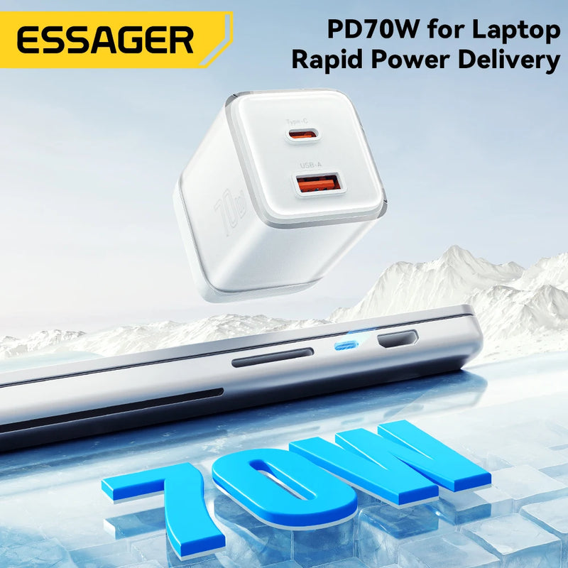 ឆ្នាំងសាក Essager 70W GaN ប្រភេទ C សម្រាប់ iPhone 16 15 14 Pro Max MacBook QC4.0 PD3.0 PPS 45W ឆ្នាំងសាកសាកលឿនសម្រាប់ Samsung Travel