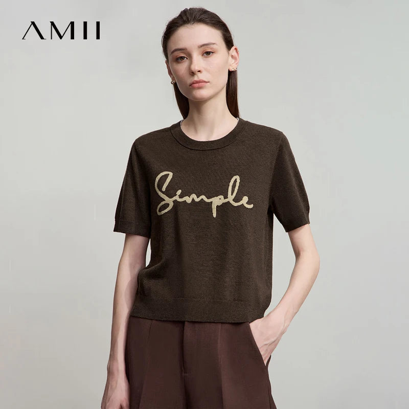 AMII Woman T-Shirts 2026 Summer Letter Jacquard Round Neck Knitted Crop Top Casual Short Sleeve Tee Women Clothes 12523051