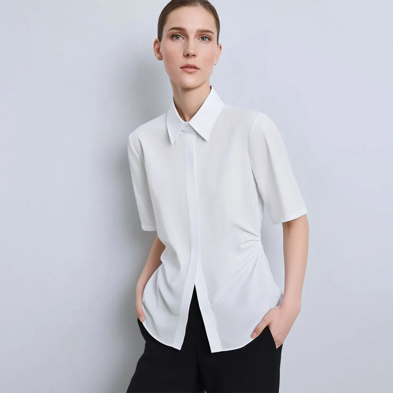 Amii Women's Shirt 2026 Summer New Lapel Collar Half Sleeve Cotton Blouse Fitted Waist Shirred Simple Solid Office Top 12622215